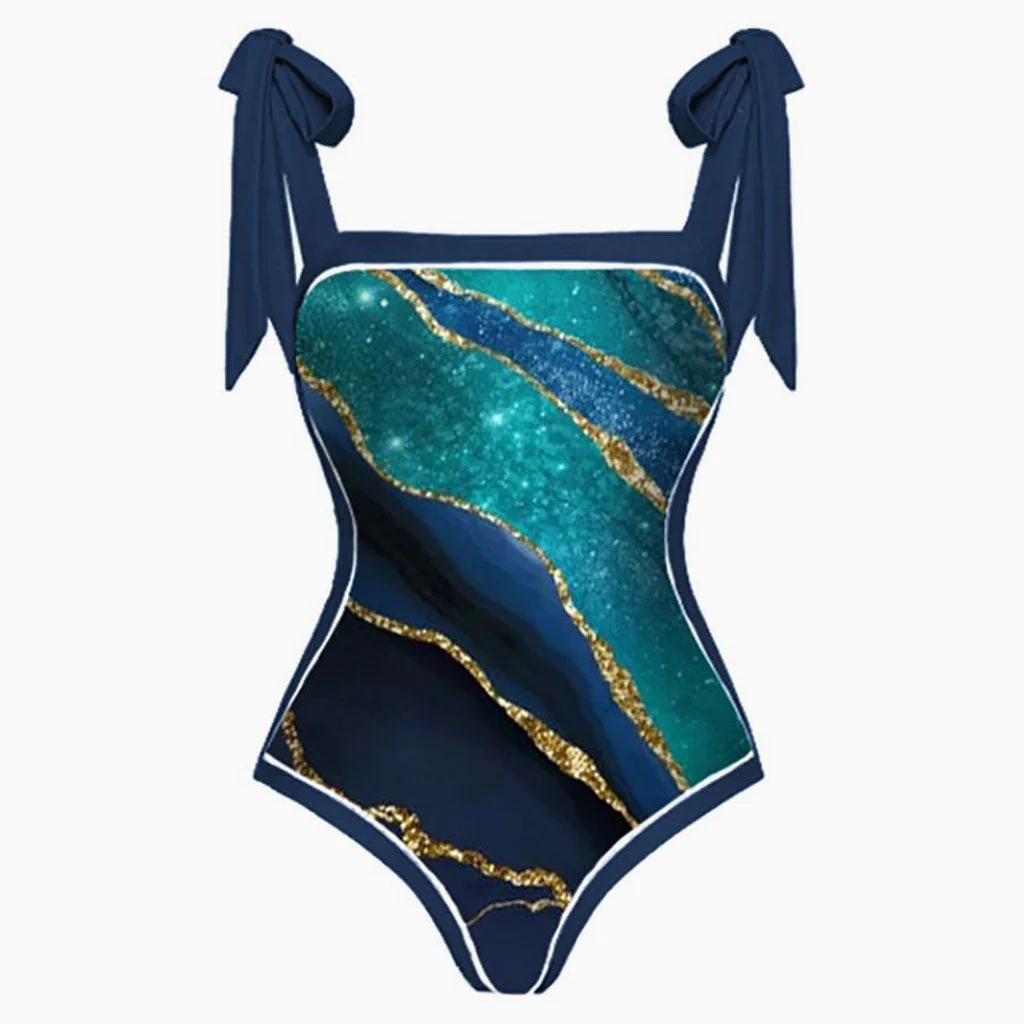 Vintage Printed Moderate Bow Tie Strap Square Neck One  Piece Swimsuit - Image 8