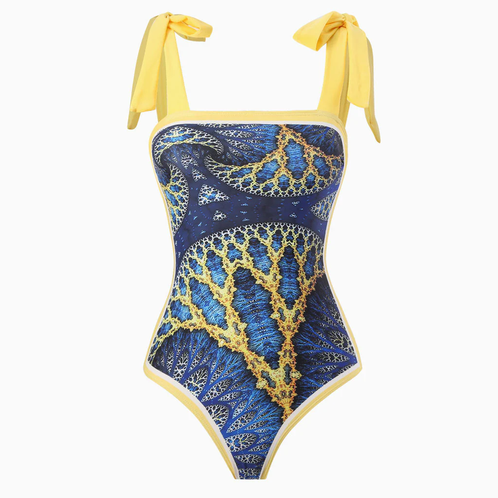 Vintage Printed Moderate Bow Tie Strap Square Neck One  Piece Swimsuit - Image 9