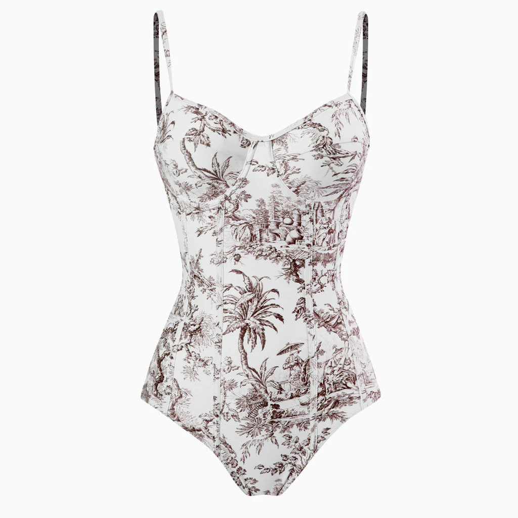 Vintage Printed Moderate Cami Sweetheart Underwire One Piece Swimsuit - Image 2