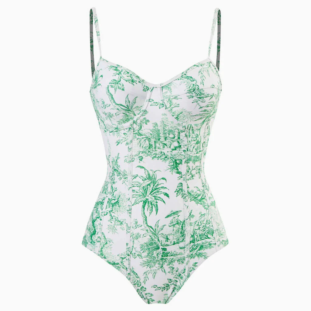 Vintage Printed Moderate Cami Sweetheart Underwire One Piece Swimsuit - Image 3