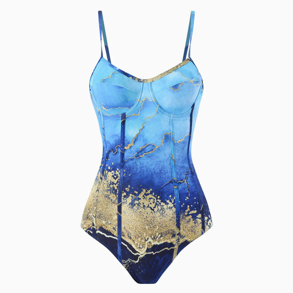 Vintage Printed Moderate Cami Sweetheart Underwire One Piece Swimsuit - Image 4