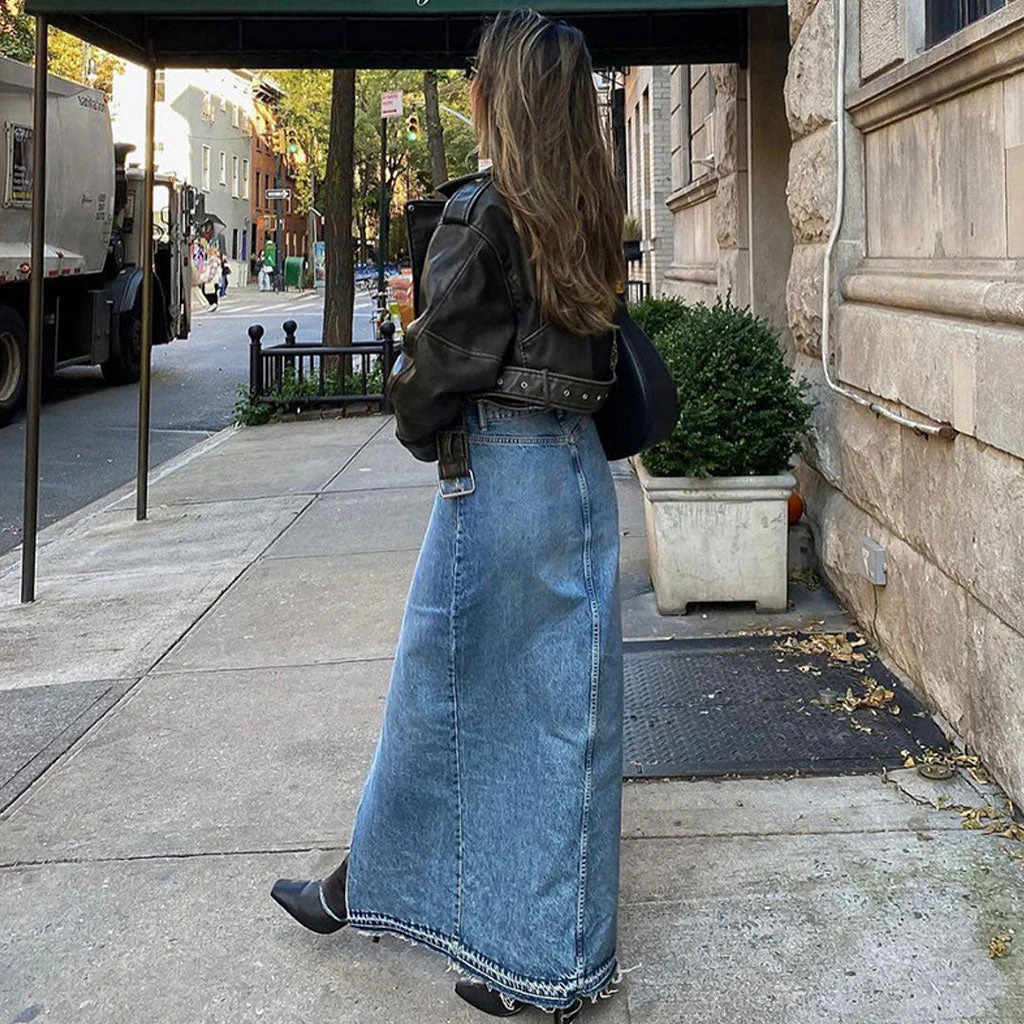 Vintage Raw Hem Split Front High Waist A Line Maxi Denim Skirt - Image 5