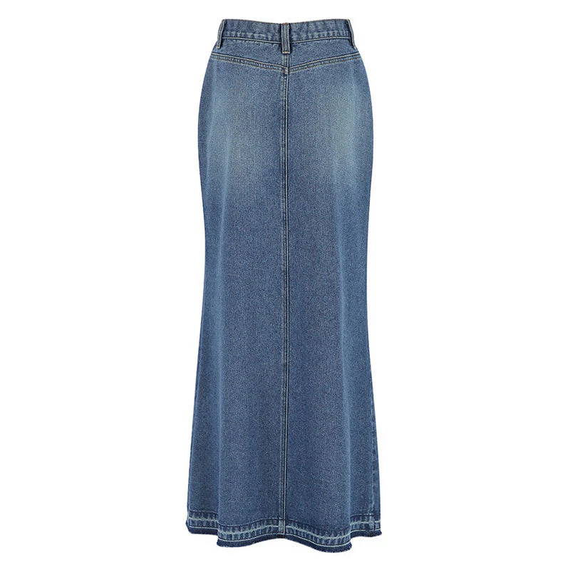Vintage Raw Hem Split Front High Waist A Line Maxi Denim Skirt - Image 7