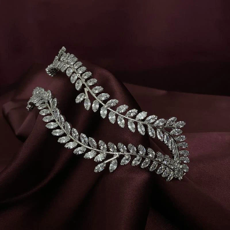 Vintage Rhinestone Leaf Motif Embellished Layered Headband - Silver - Image 2