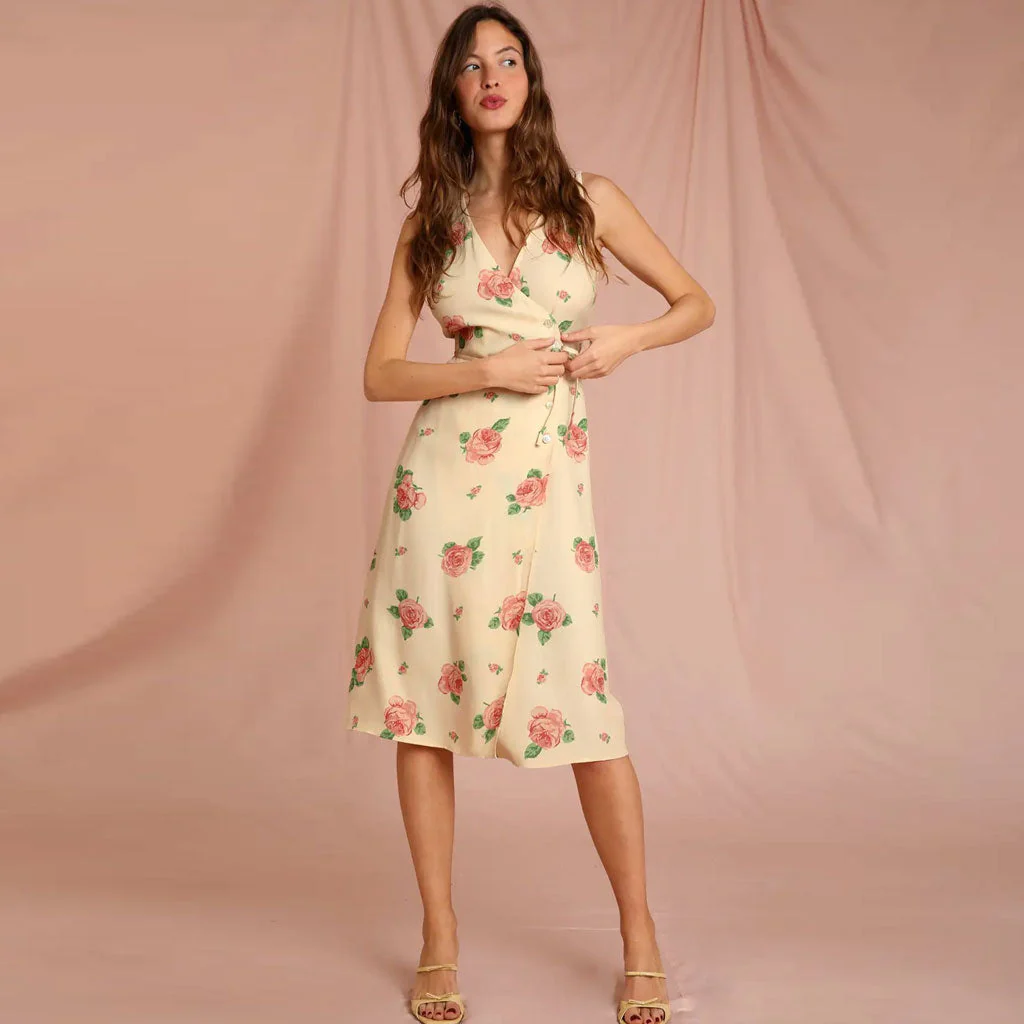 Vintage Rose Print V Neck Sleeveless Wrap Tie Midi Dress - YelLow - Image 2