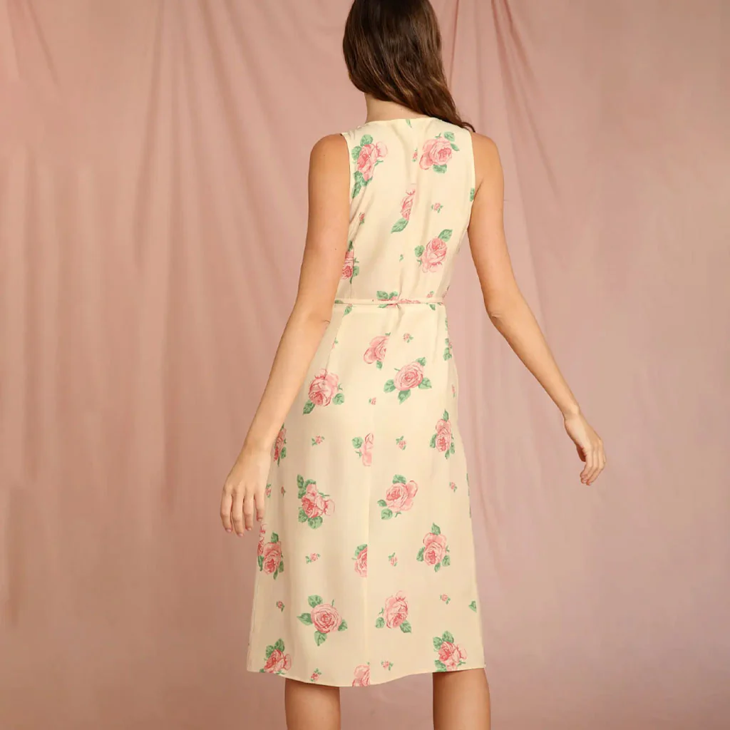 Vintage Rose Print V Neck Sleeveless Wrap Tie Midi Dress - YelLow - Image 3