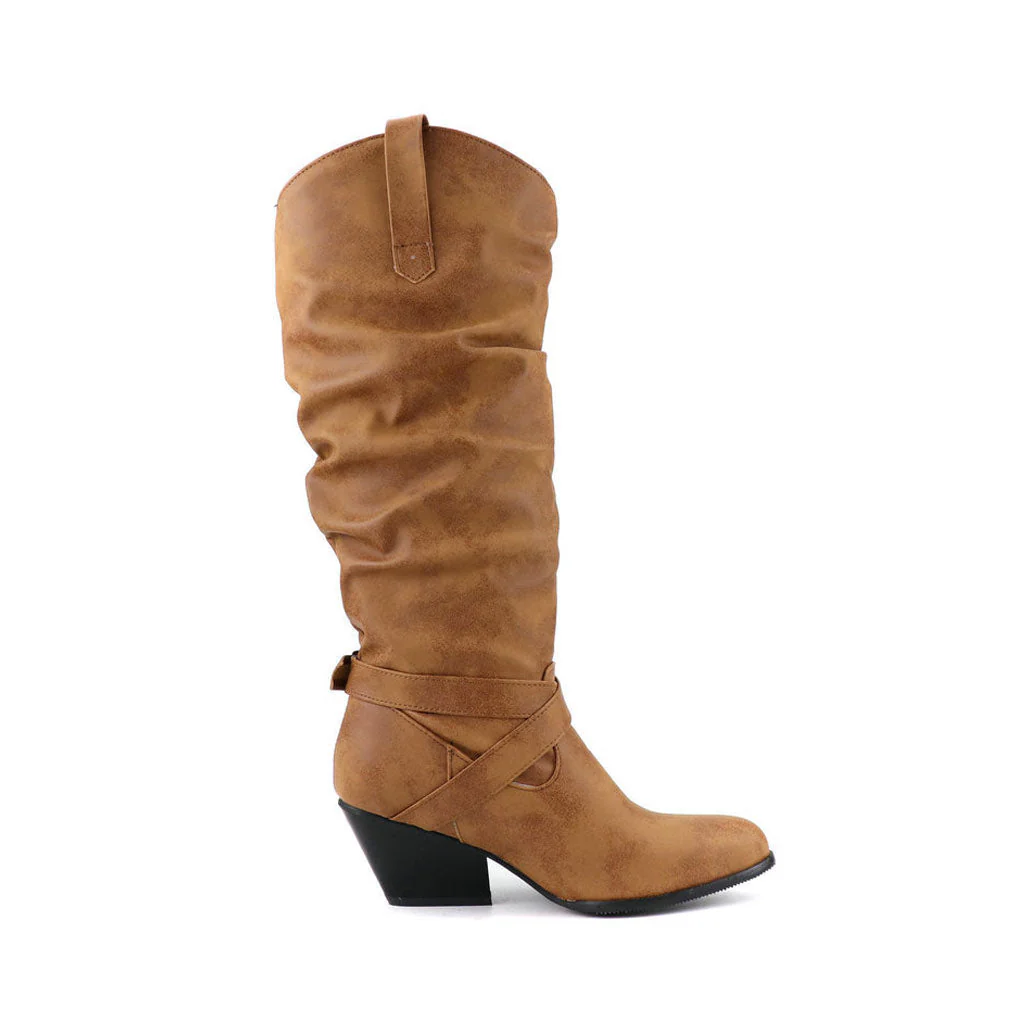 Vintage Round Toe Knee High Sculpted Heel Cowboy Boots - Light Brown - Image 2