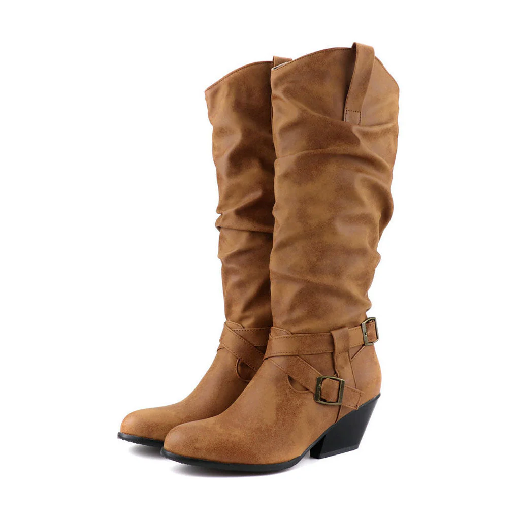 Vintage Round Toe Knee High Sculpted Heel Cowboy Boots - Light Brown - Image 4