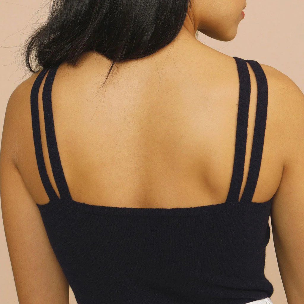 Vintage Square Neck Double Strap CutOut Knit Tank Top - Black - Image 3