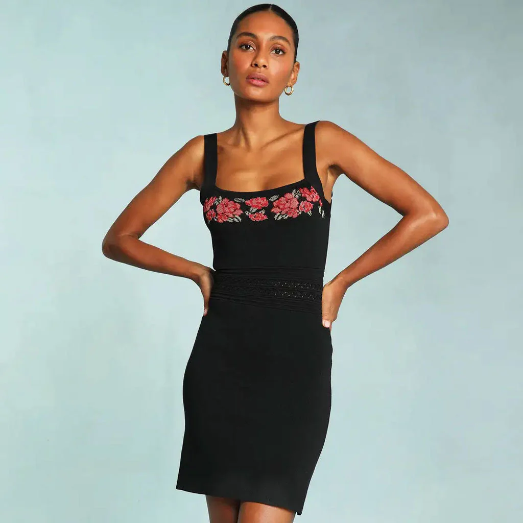 Vintage Square Neck Embroidered Knit Tank Mini Dress - Black - Image 2