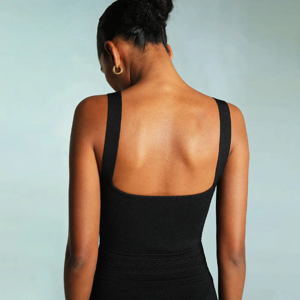 Vintage Square Neck Embroidered Knit Tank Mini Dress - Black - Image 4
