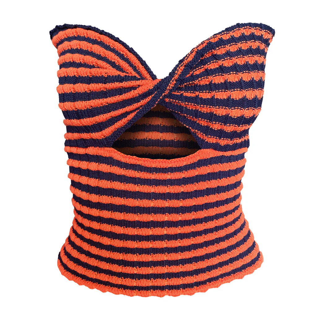 Vintage Striped Strapless Twist Front Cut Out Crop Knit Top - Blue - Image 4