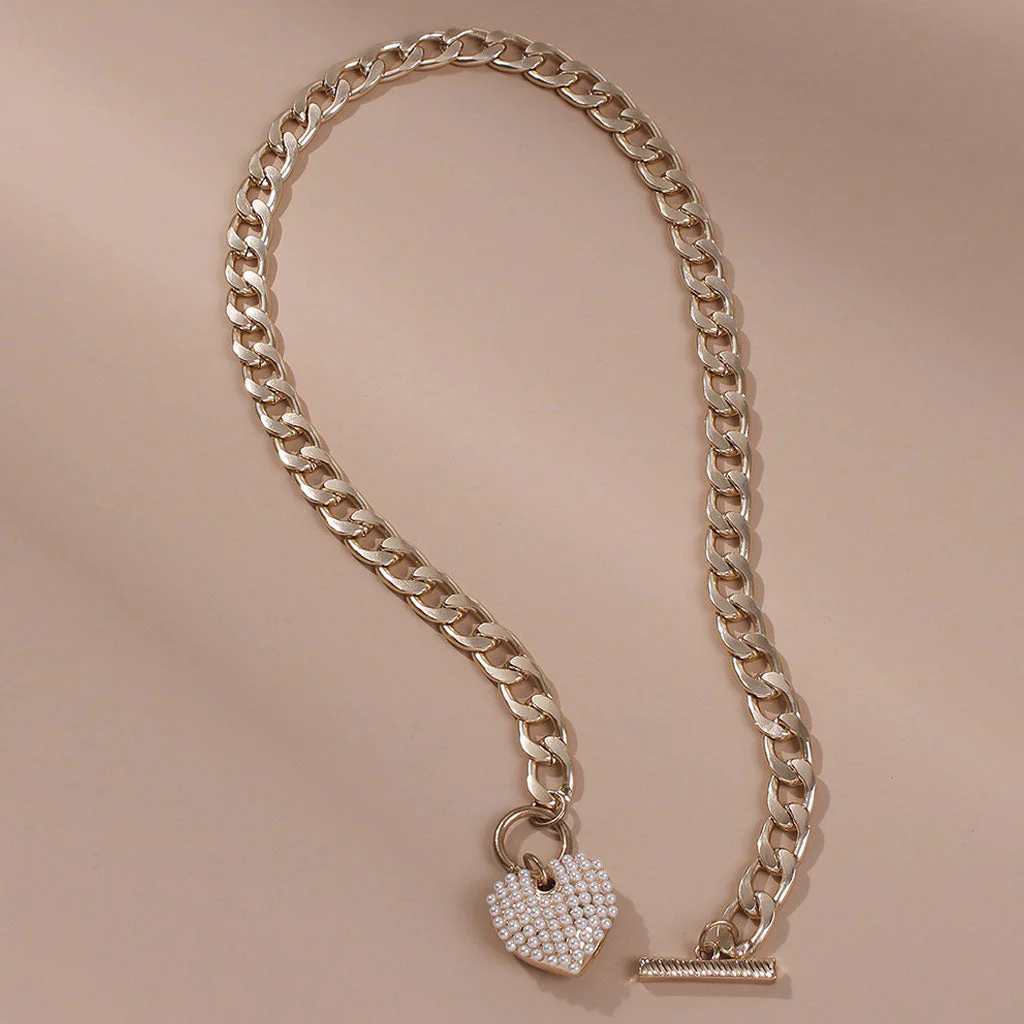 Vintage Style Chunky Chain Pearlized Puffy Heart Charm Necklace - Gold - Image 2