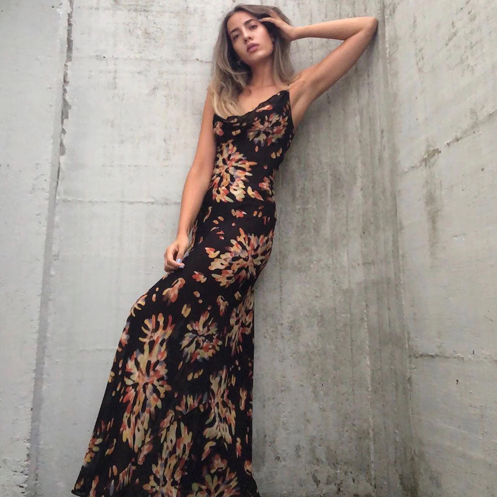 Vintage Style Firework Printed Cowl Neck Slip Maxi Dress - Black - Image 2