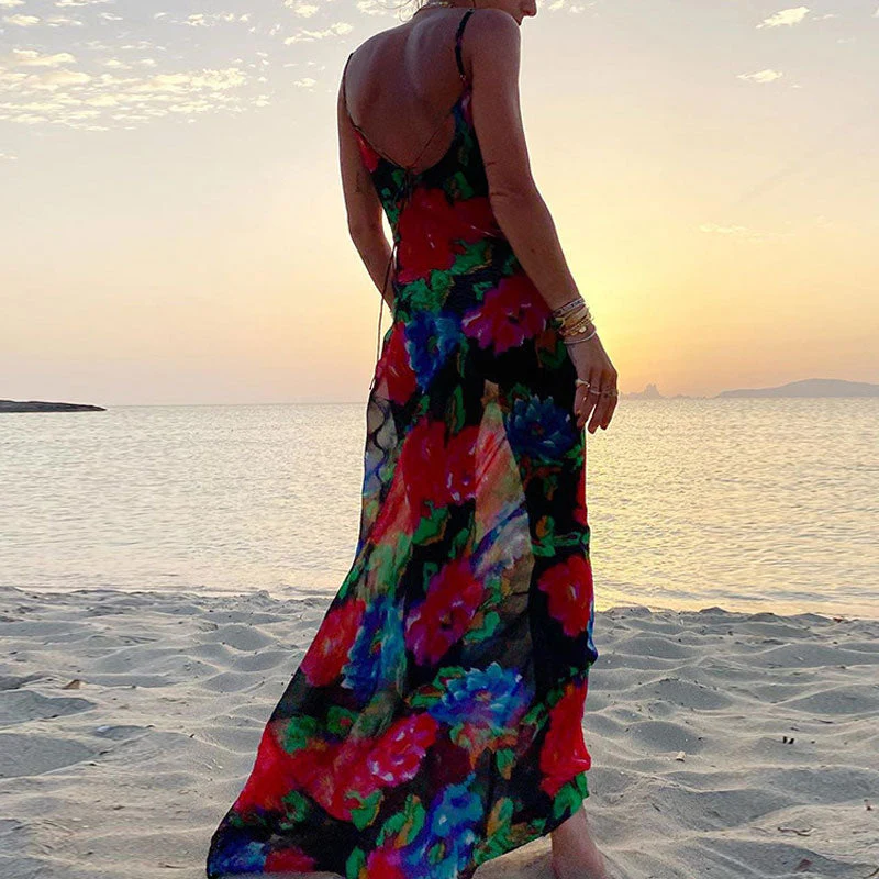 Vintage Style Floral Printed Cowl Neck Slip Maxi Dress - Black - Image 2