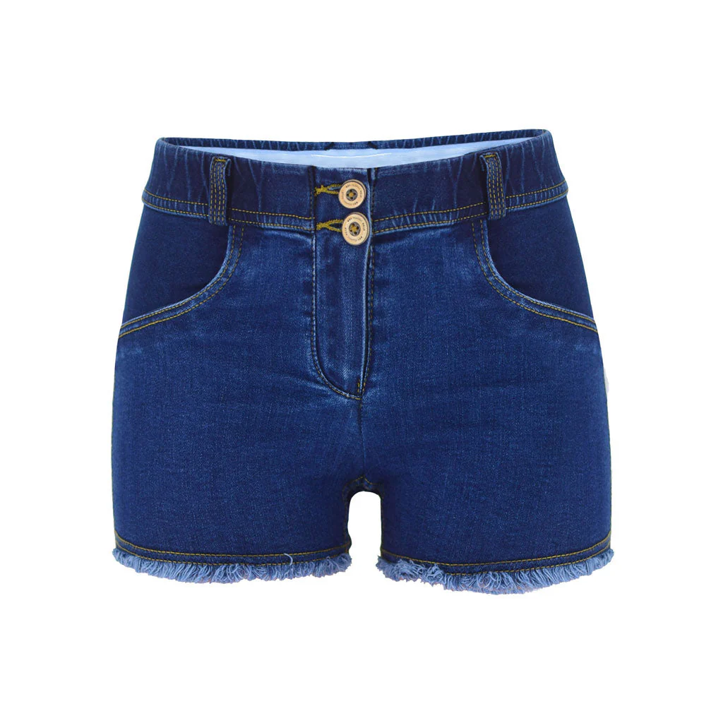 Vintage Style Low Waist Frayed Denim Shorts - Dark Blue - Image 4