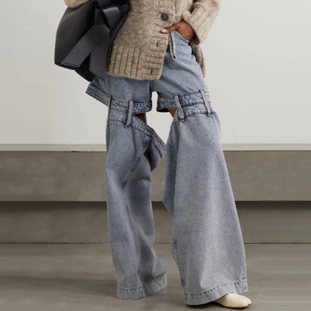Vintage Style Low Waist Split CutOut Wide Leg Distressed Hybrid Jeans - Image 2