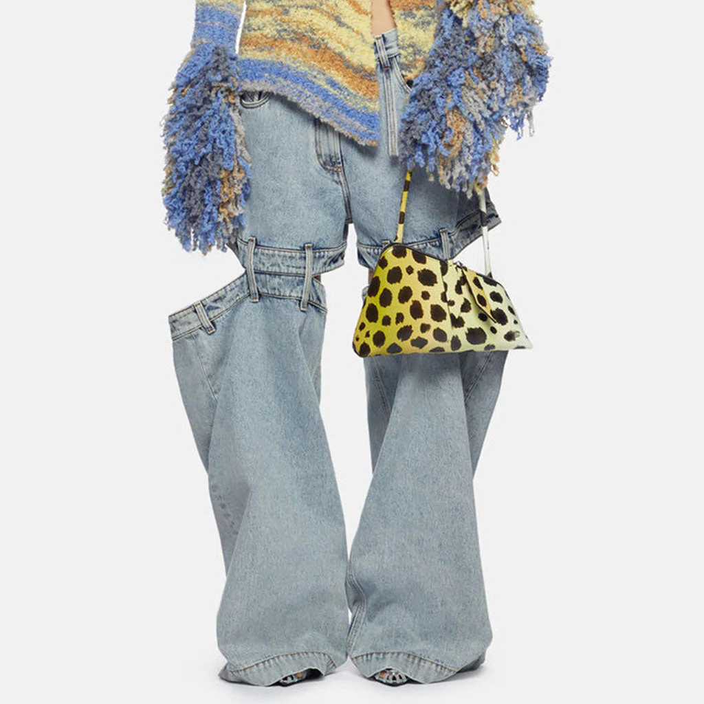 Vintage Style Low Waist Split CutOut Wide Leg Distressed Hybrid Jeans - Image 3