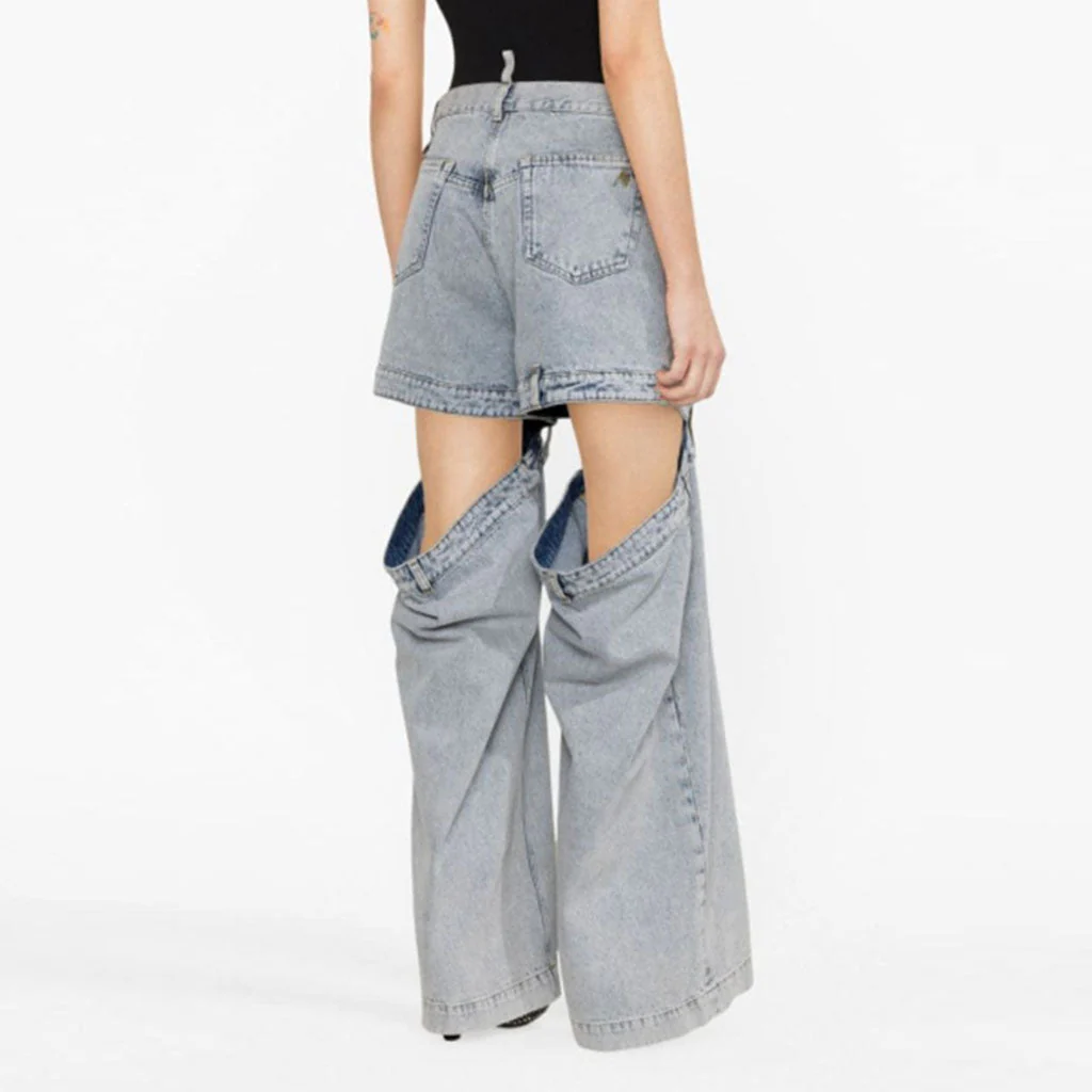 Vintage Style Low Waist Split CutOut Wide Leg Distressed Hybrid Jeans - Image 4