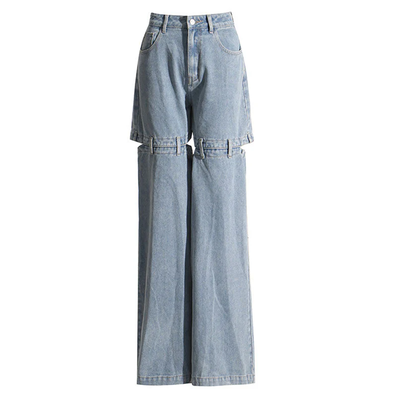 Vintage Style Low Waist Split CutOut Wide Leg Distressed Hybrid Jeans - Image 5