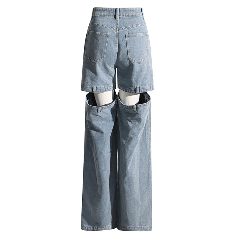 Vintage Style Low Waist Split CutOut Wide Leg Distressed Hybrid Jeans - Image 6