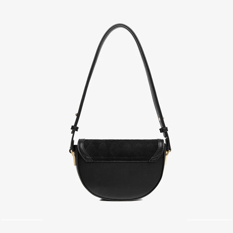 Vintage Suede Argyle Pattern Faux Leather Crossbody Saddle Bag - Black - Image 2