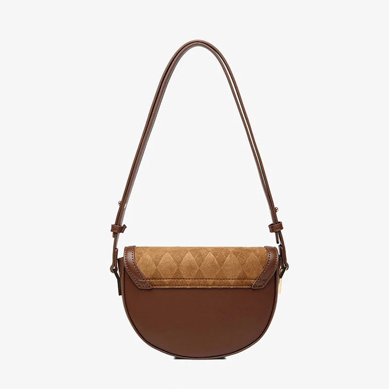 Vintage Suede Argyle Pattern Faux Leather Crossbody Saddle Bag - Brown - Image 4