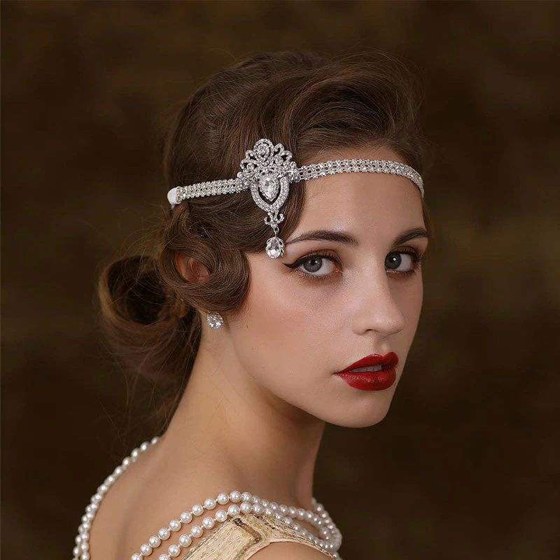 Vintage Teardrop Gem Rhinestone Embellished 1920s Flapper Headband - Silver - Image 2