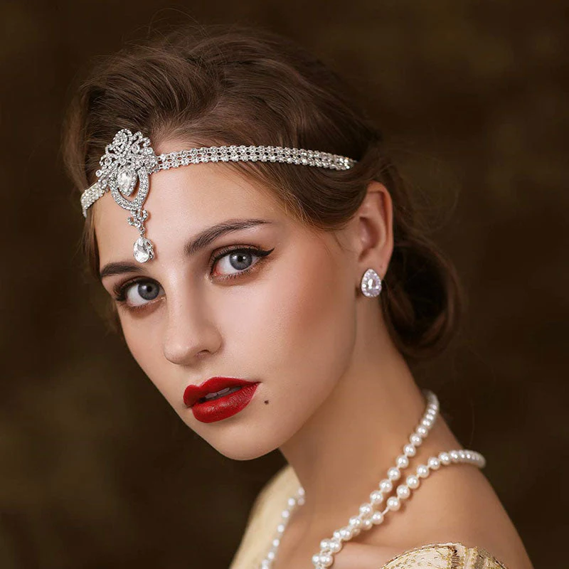 Vintage Teardrop Gem Rhinestone Embellished 1920s Flapper Headband - Silver - Image 4