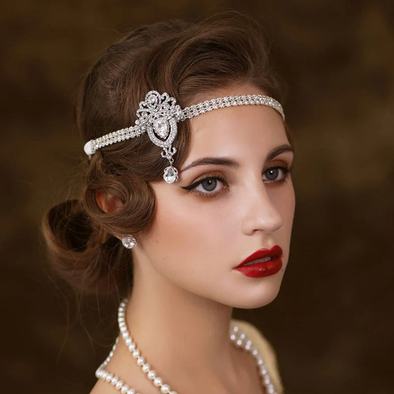 Vintage Teardrop Gem Rhinestone Embellished 1920s Flapper Headband - Silver - Image 5