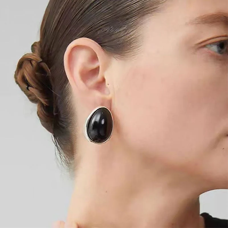 Vintage Two Tone Onyx Polished Sterling Silver Plated Pebble Stud Earrings - Image 2