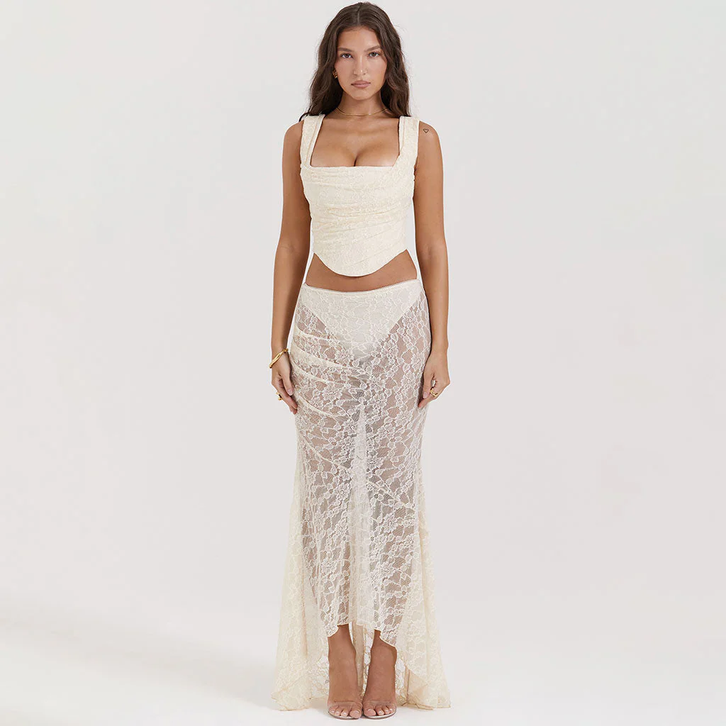 Vintage Two Way Scalloped Mid Waist Pleated High Low Fishtail Lace Skirt - Image 4