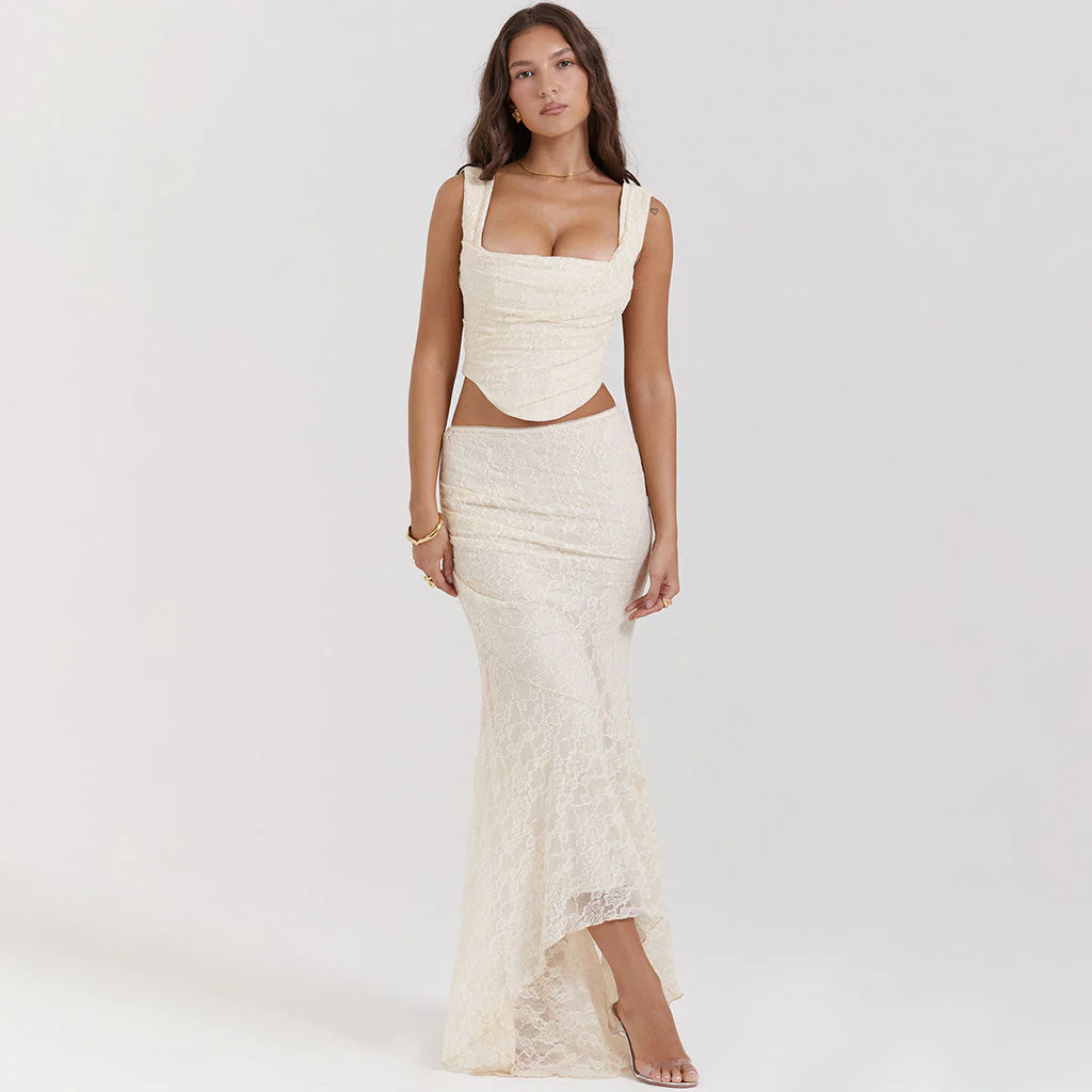 Vintage Two Way Scalloped Mid Waist Pleated High Low Fishtail Lace Skirt - Image 5