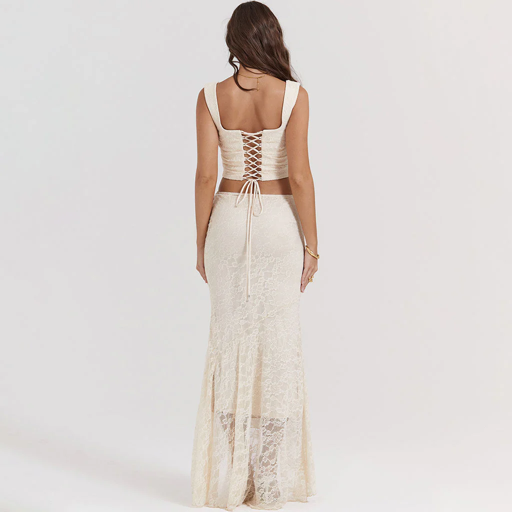 Vintage Two Way Scalloped Mid Waist Pleated High Low Fishtail Lace Skirt - Image 6
