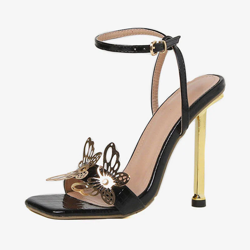 Vivid Butterfly Detail Square Toe Ankle Strap Stiletto Sandals - Black - Image 4