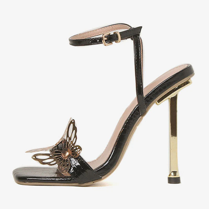 Vivid Butterfly Detail Square Toe Ankle Strap Stiletto Sandals - Black - Image 5