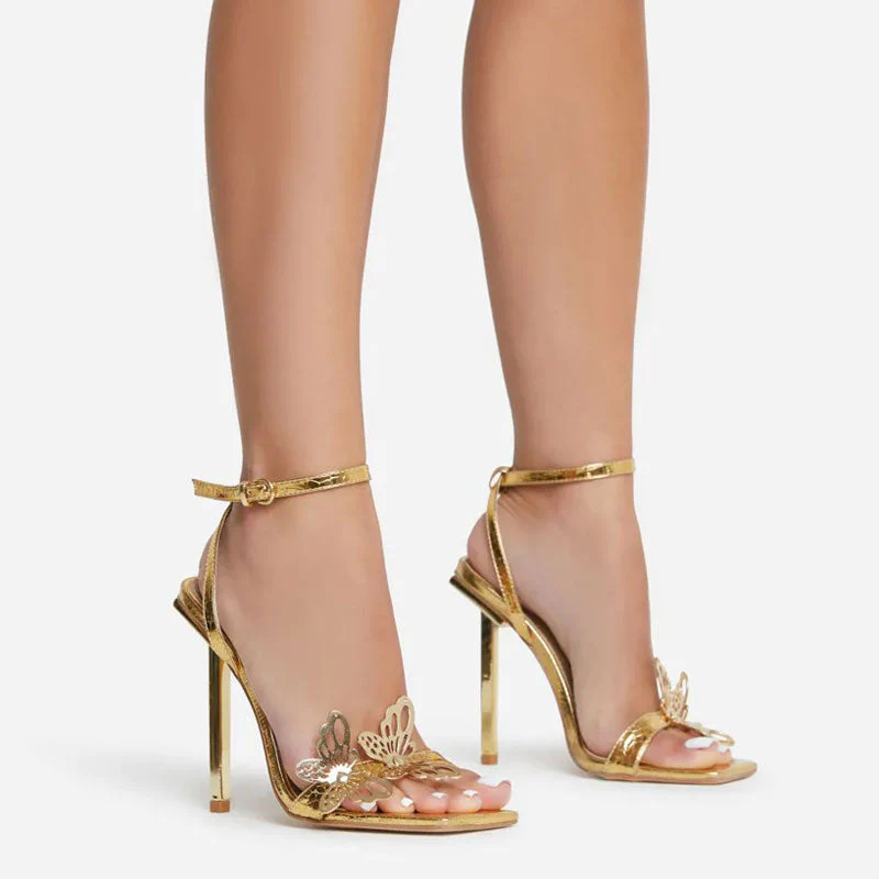 Vivid Butterfly Detail Square Toe Ankle Strap Stiletto Sandals - Gold - Image 2