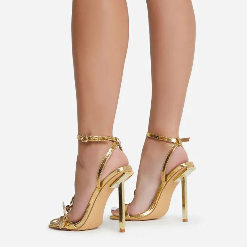 Vivid Butterfly Detail Square Toe Ankle Strap Stiletto Sandals - Gold - Image 3