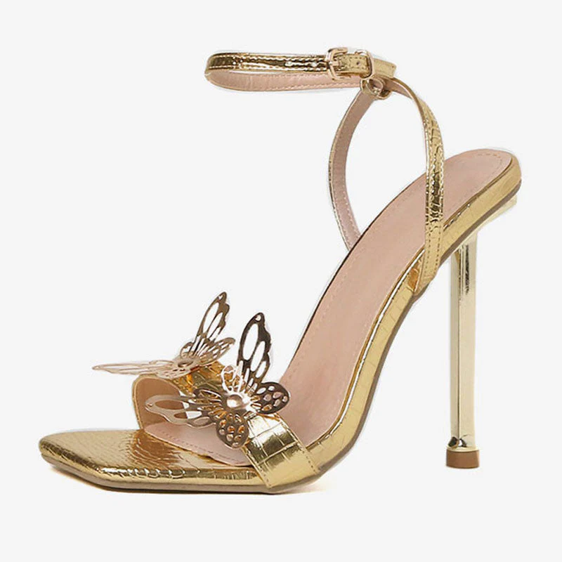 Vivid Butterfly Detail Square Toe Ankle Strap Stiletto Sandals - Gold - Image 4