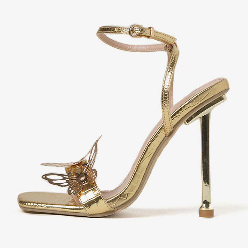 Vivid Butterfly Detail Square Toe Ankle Strap Stiletto Sandals - Gold - Image 5
