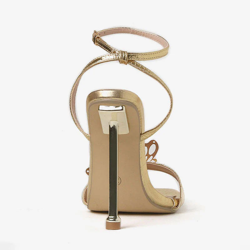 Vivid Butterfly Detail Square Toe Ankle Strap Stiletto Sandals - Gold - Image 6