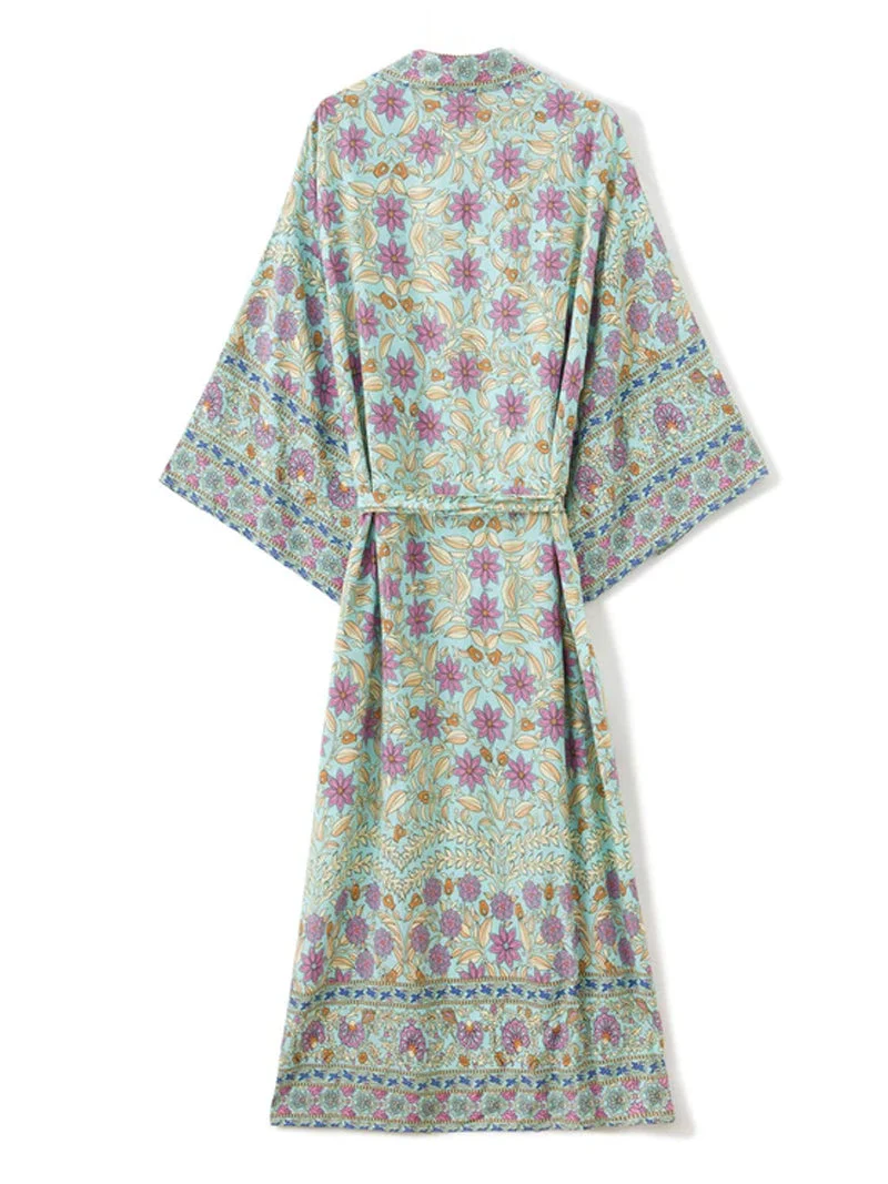 Beachwear Floral Print Green Color Cotton Long Length Gown Kimono Duster Robe - Image 2