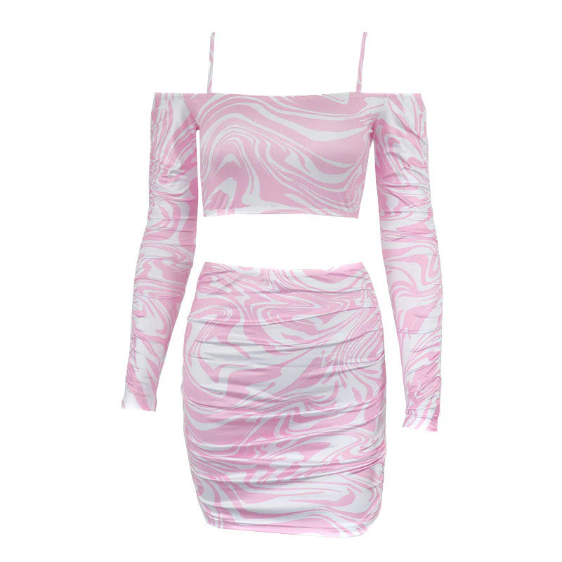Wavy Tie Dye Cold Shoulder Cami Strap Skirt Matching Set - Pink - Image 3