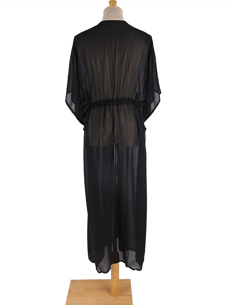 Partywear Embroidered Black Color Chiffon Long Length Gown Kimono Duster Robe - Image 2