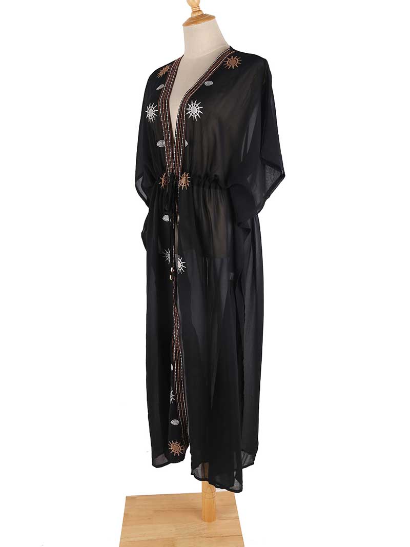 Partywear Embroidered Black Color Chiffon Long Length Gown Kimono Duster Robe - Image 3