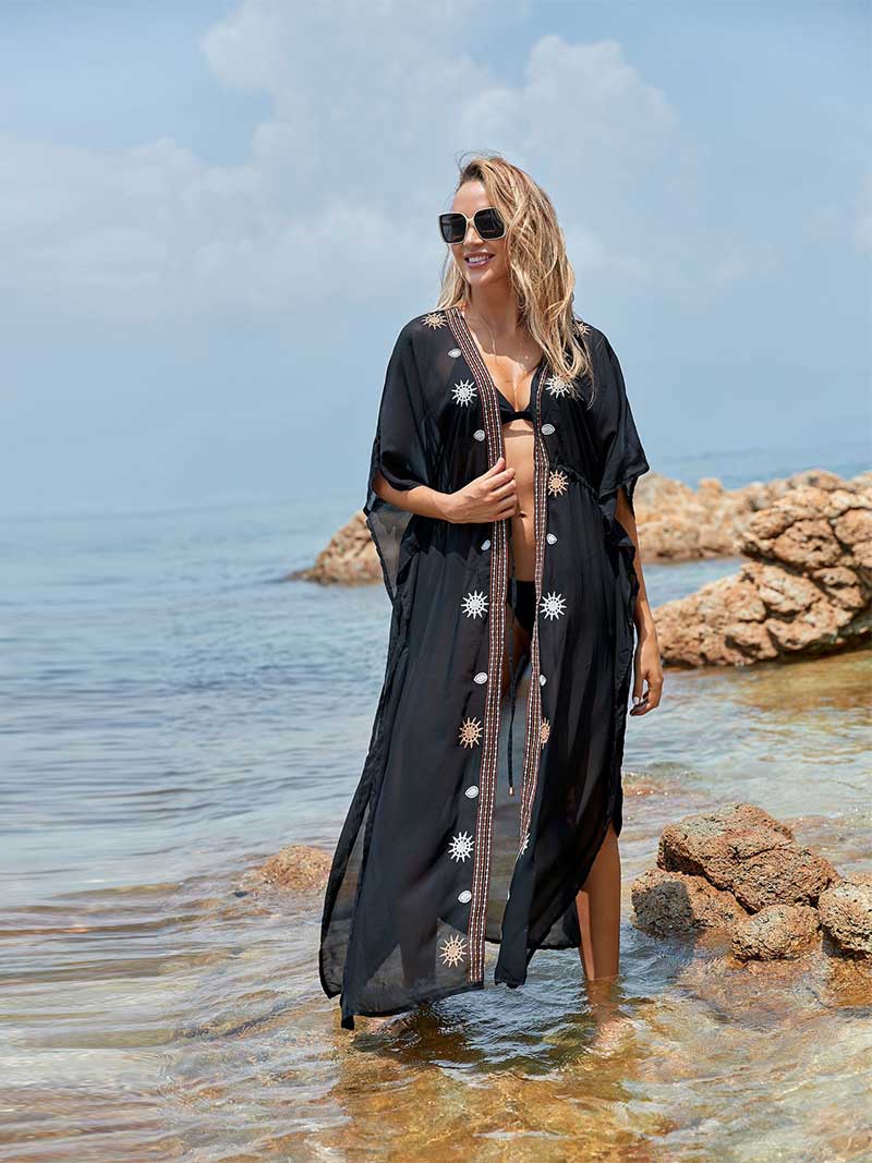 Partywear Embroidered Black Color Chiffon Long Length Gown Kimono Duster Robe - Image 4