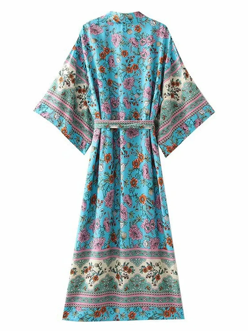 Printed Blue Color Cotton Long Length Gown Kimono Duster Robe - Image 2