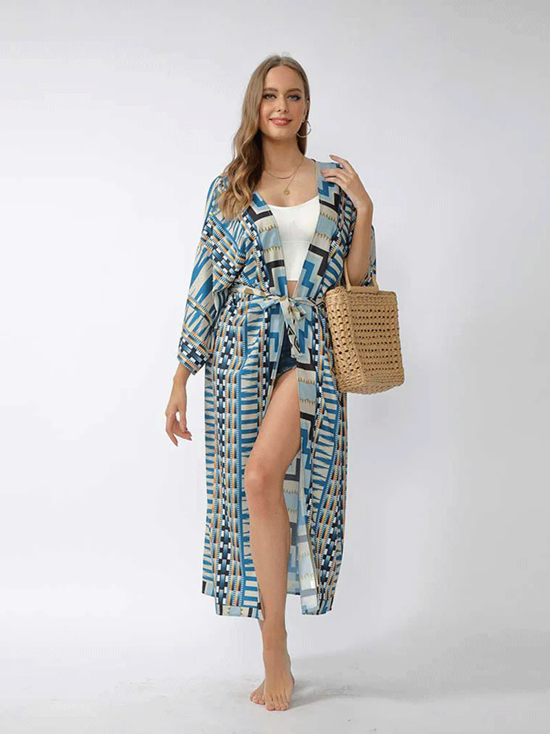 Printed Different Colors Polyester Long Length Gown Kimono Duster Robe - Image 11