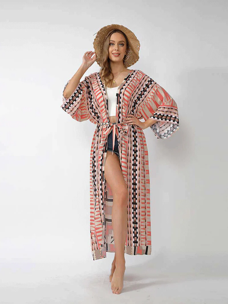 Printed Different Colors Polyester Long Length Gown Kimono Duster Robe - Image 14