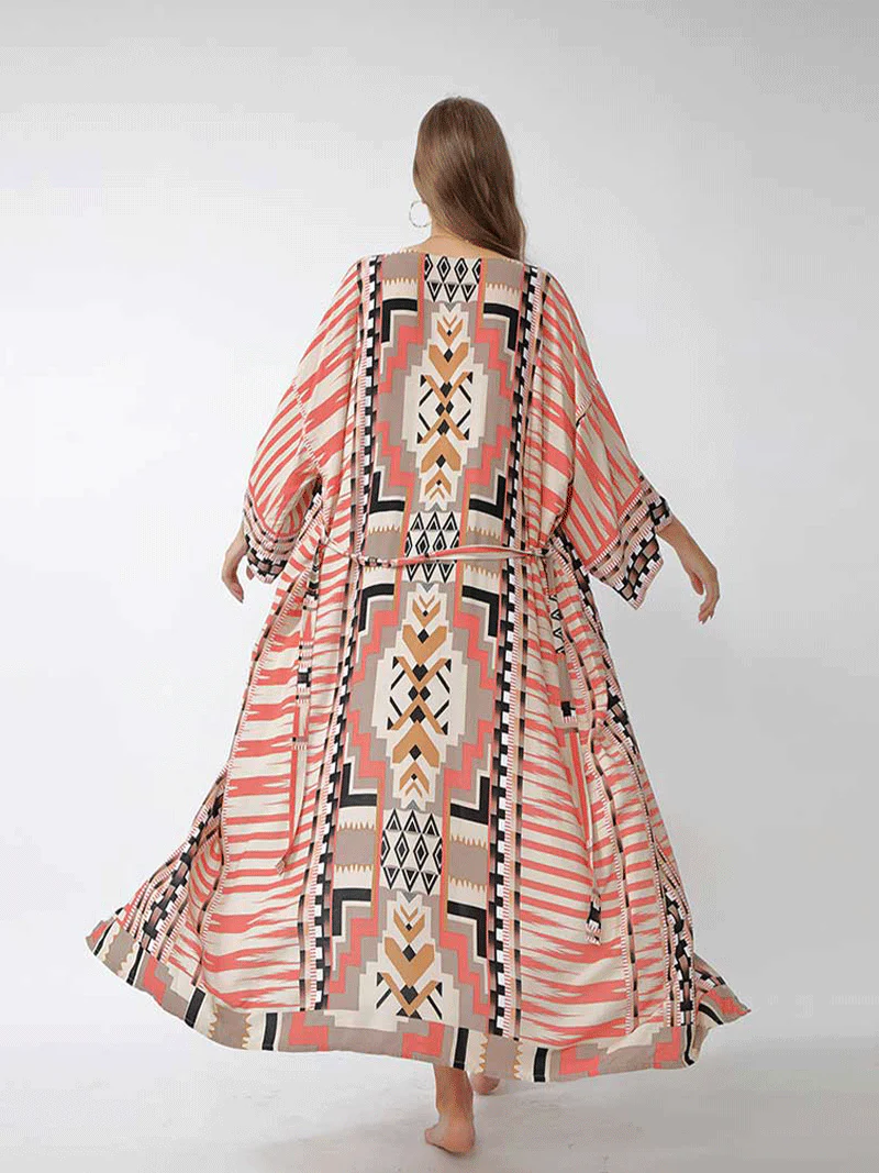 Printed Different Colors Polyester Long Length Gown Kimono Duster Robe - Image 5
